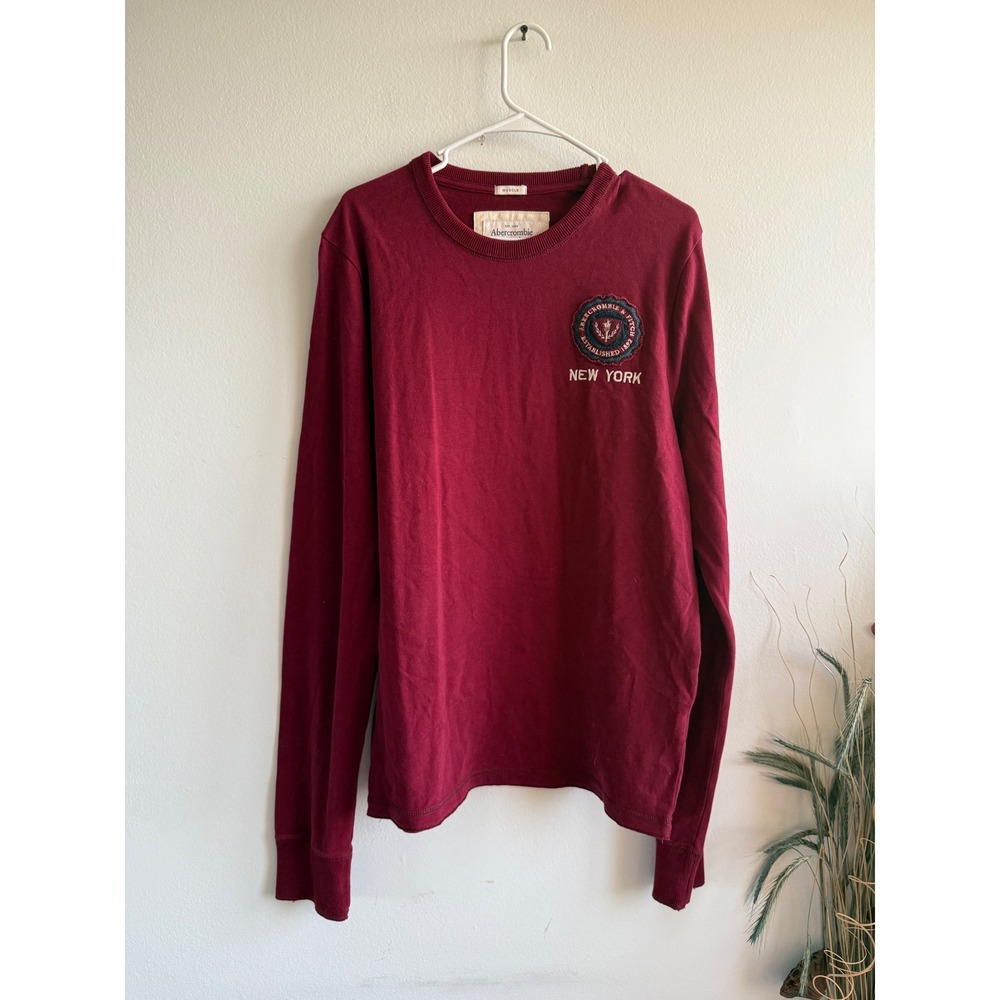 Abercrombie‎ & Fitch Mens XXL Muscle Fit Long Sleeve Burgundy Crest T-Shirt y2k